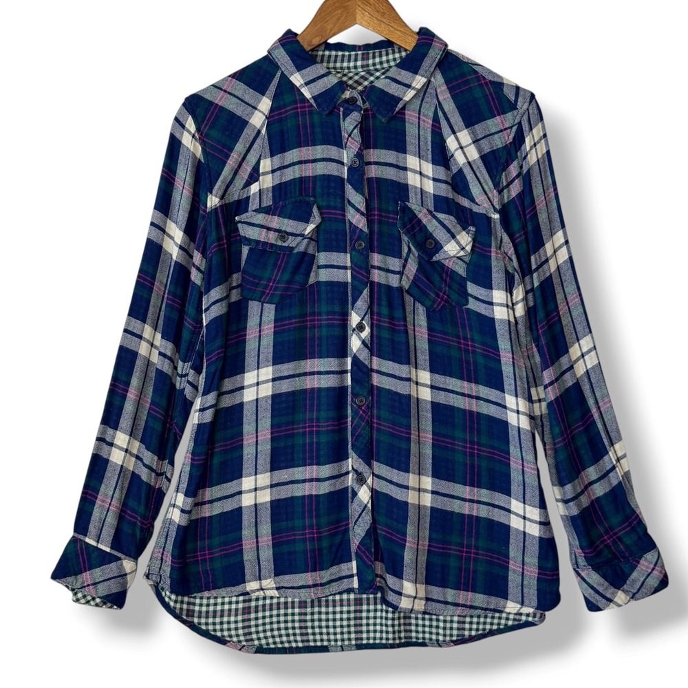 Rails Plaid Button Up L Blouse Shirt Blue Green Pink Hunter Flannel Preppy Soft